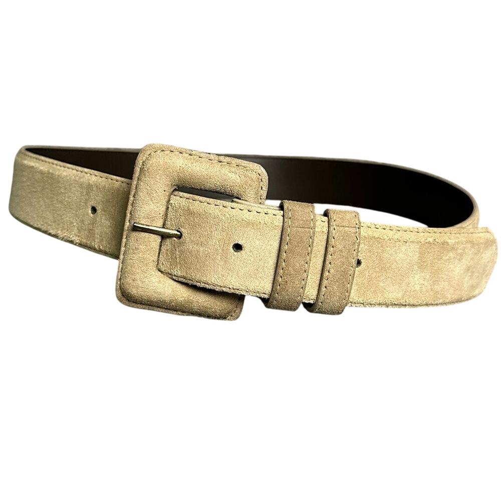 Vintage women’s SM vegan suede belt tan beige square buckle fits waist 27”-32”